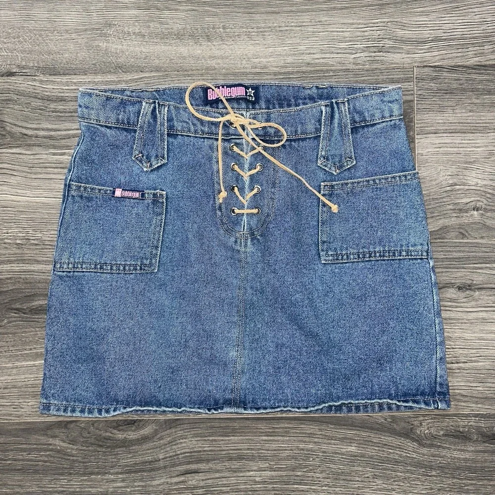 Y2K 2000s Bubblegum Lace Front Denim Mini Skirt Size 5/6 Vintage